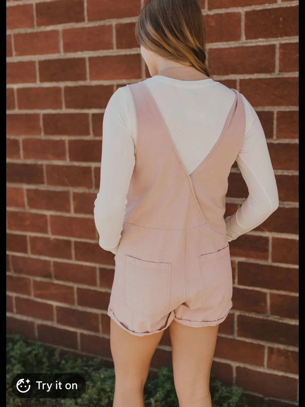 Maya Cotton Twill Button Romper in Dusty Pink pockets small